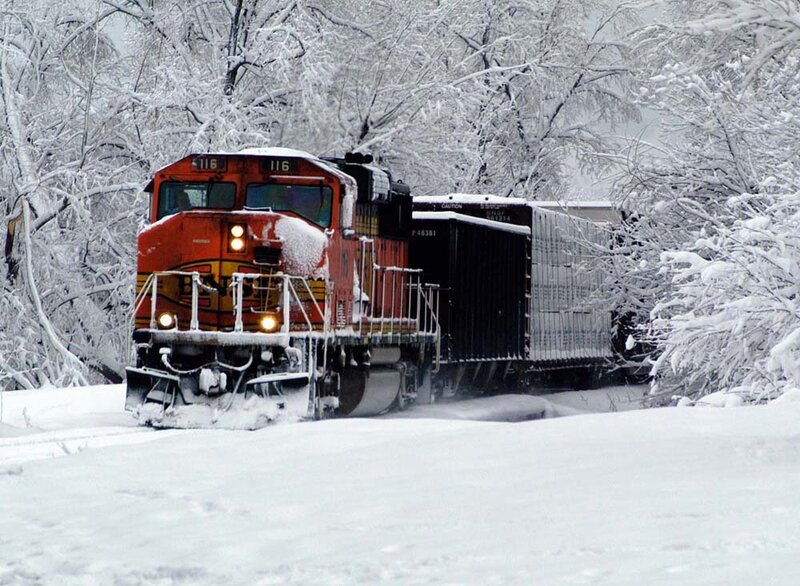 Red Train in Snow — White
