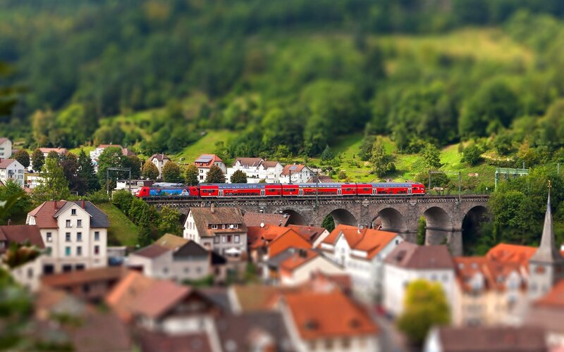 Red train on a bridge