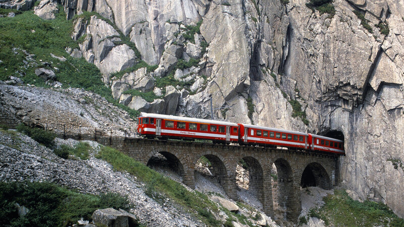 Red Train on Bridge — Dramatic, Afternoon