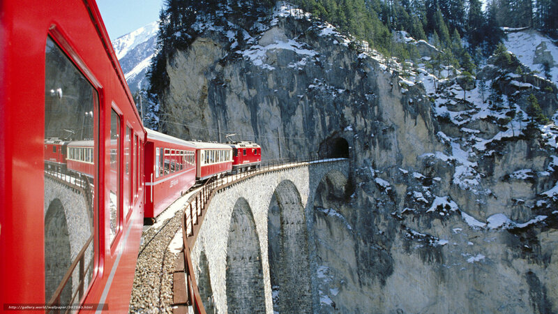 Red Train on Bridge — Dramatic, Winter, Photograph, Mountain