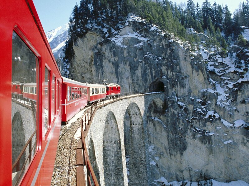 Red Train on Bridge — Dramatic, Winter, Photograph, Mountain, Tunnel, Gray, White