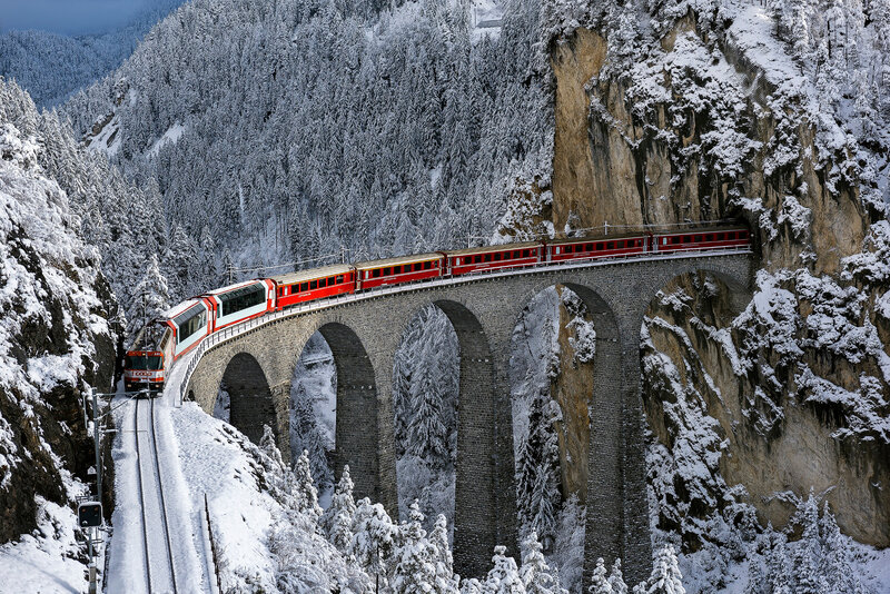 Red Train on Bridge — Dramatic, Winter, Photograph