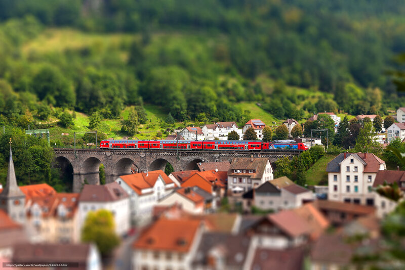 Red Train on Bridge — Green, Serene, Afternoon