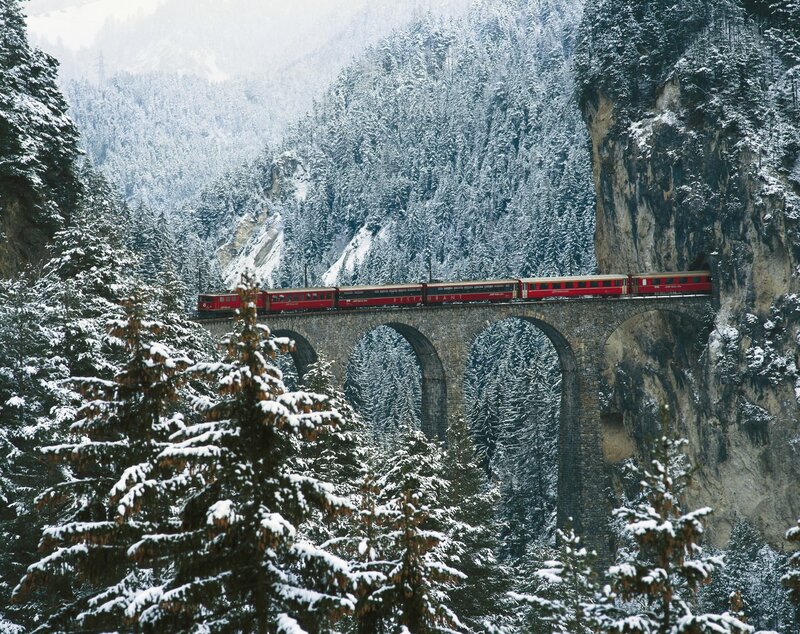 Red Train on Bridge — Serene