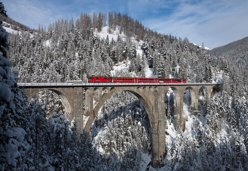 Red Train on Bridge — Serene, Winter, Photograph, Snowy Forest