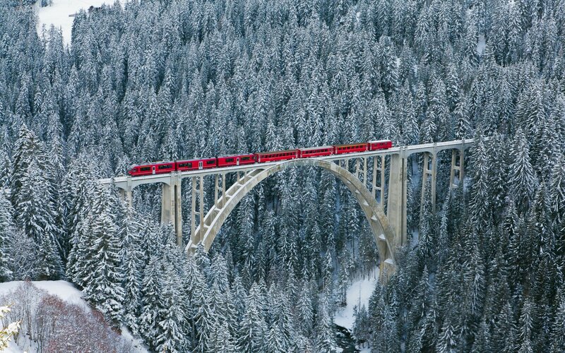 Red Train on Bridge — Serene, Winter, Photograph