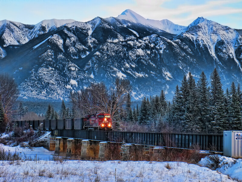 Red Train on Bridge — Serene, Winter