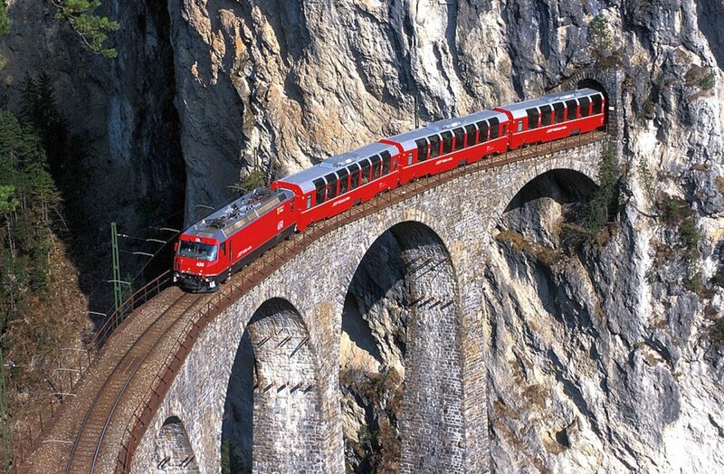 Red Train on Bridge