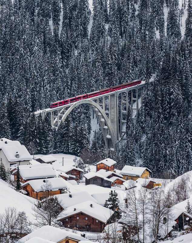 Red Train on Bridge — White