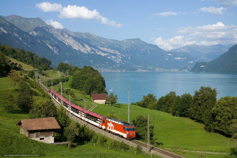 Red Train on Hillside — Green