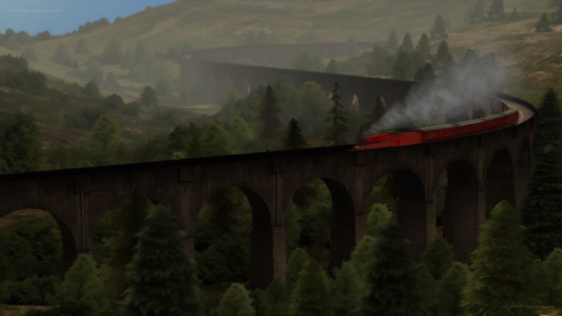 red train on stone bridge