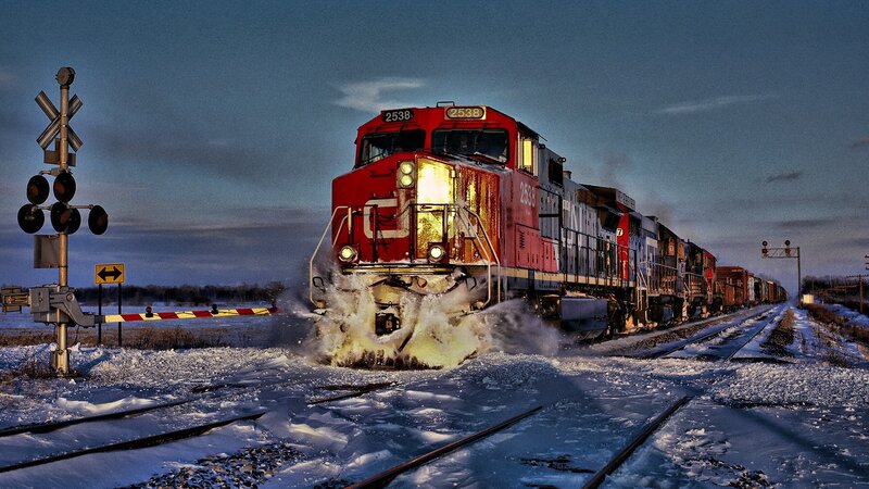 Red Train on Tracks — Dramatic, Winter
