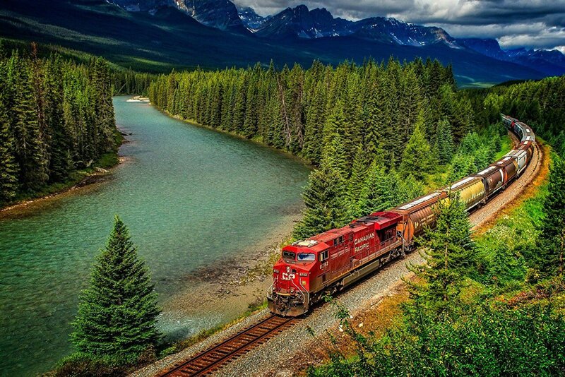 Red Train on Tracks — Green, Dramatic