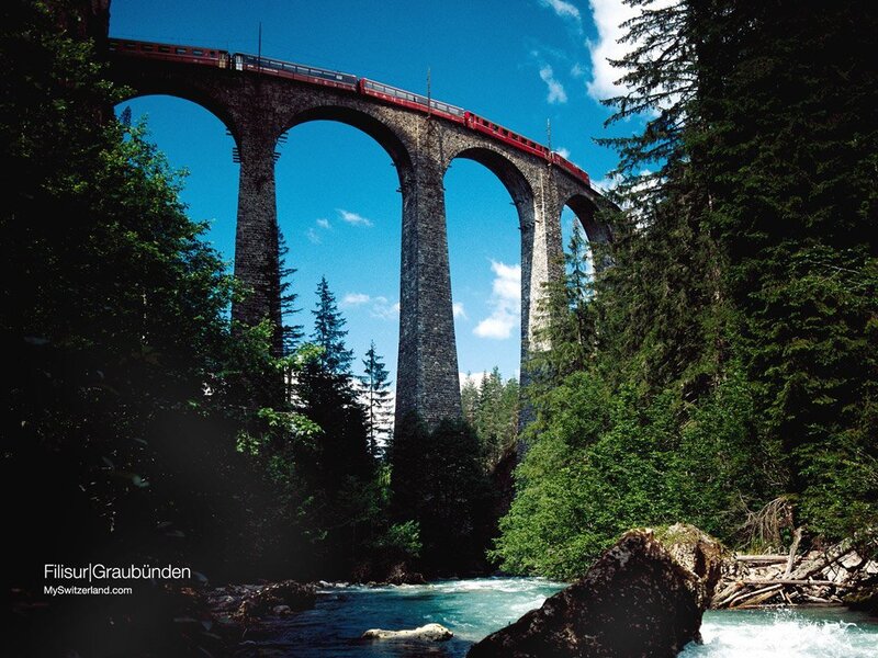 Red Train on Viaduct — Blue