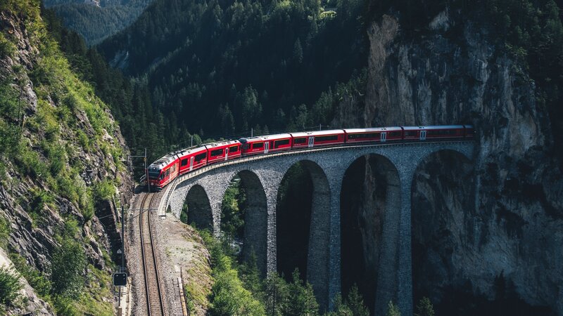 Red Train on Viaduct — Dramatic, Afternoon