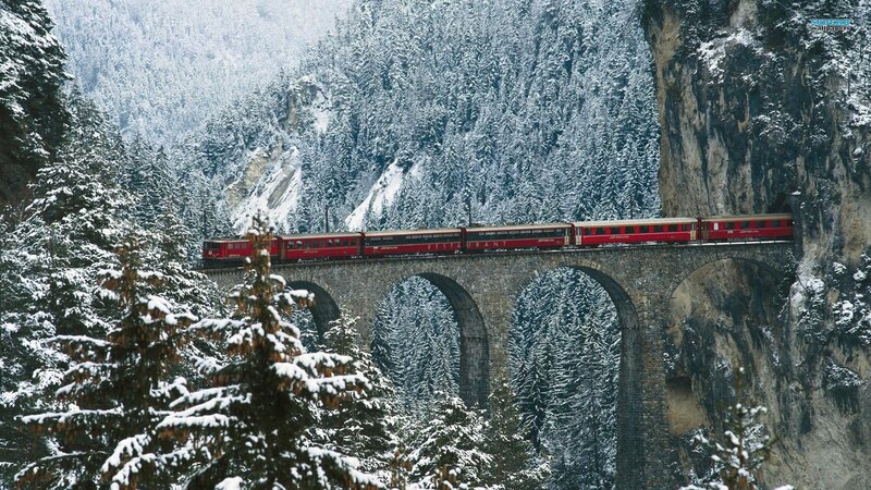 Red Train on Viaduct — Serene