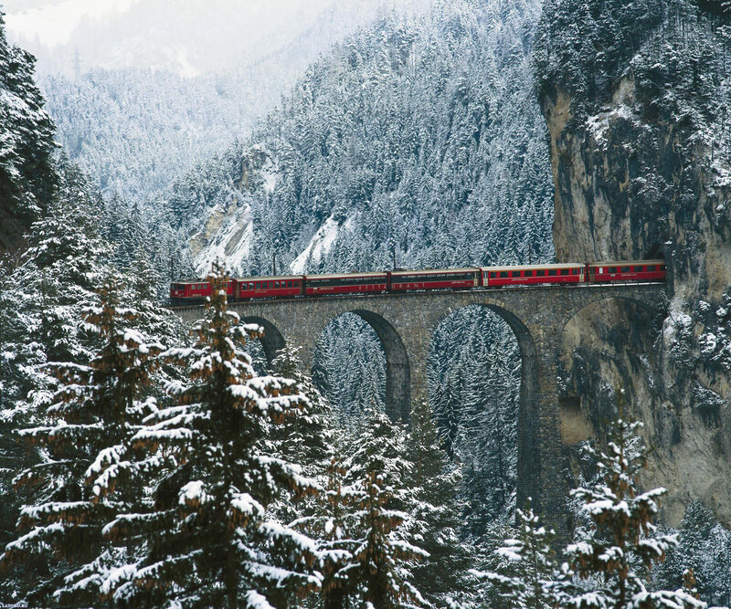Red Train on Viaduct — Serene, Winter, Photograph