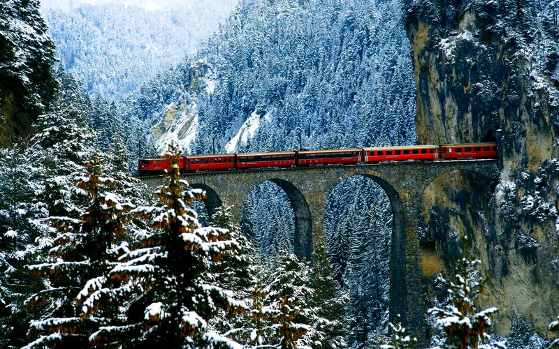 Red Train on Viaduct — Serene, Winter