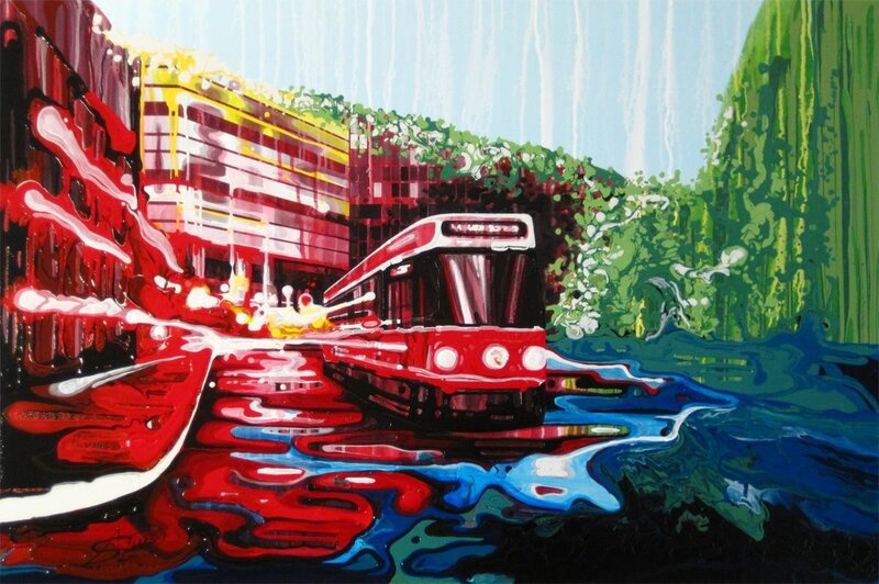 Red Tram in a Colorful City