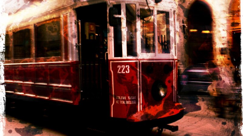 Red tram in a stylized image