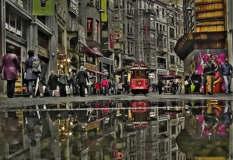 Red Tram in City Street