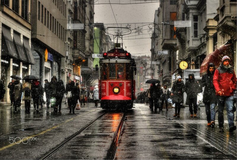Red Tram in Rain — Dramatic, Winter
