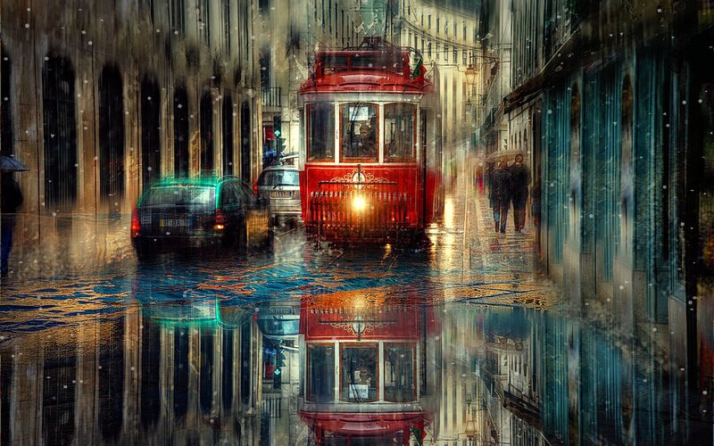 Red Tram in Rain