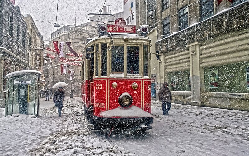 Red Tram in Snow — Cold, Winter, Photograph