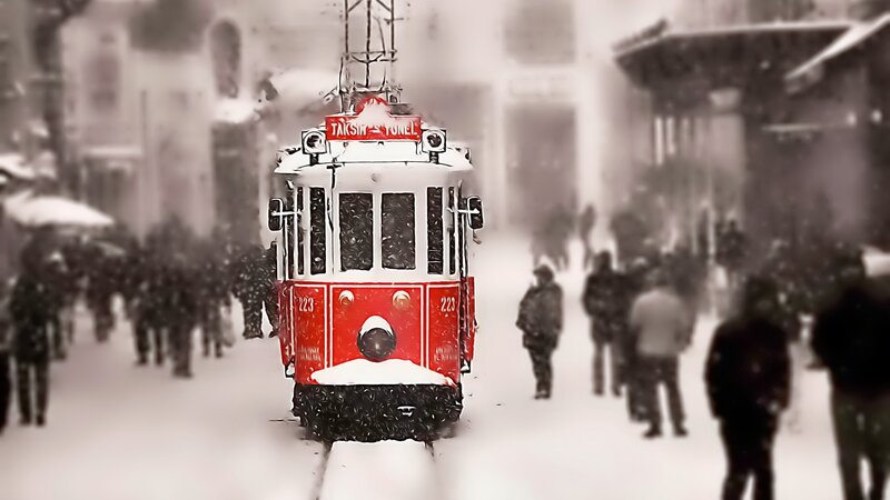 Red Tram in Snow — Cold, Winter