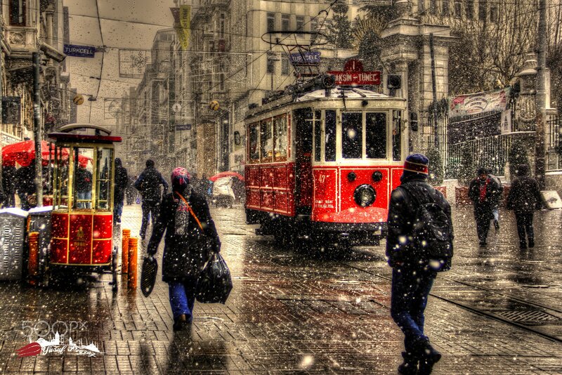Red Tram in Snow — Dramatic