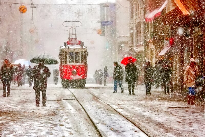 Red Tram in Snow