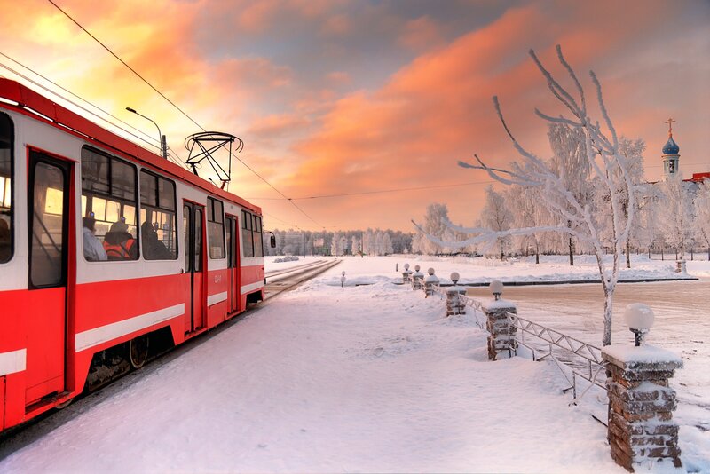 Red Tram in Snow — White, Serene
