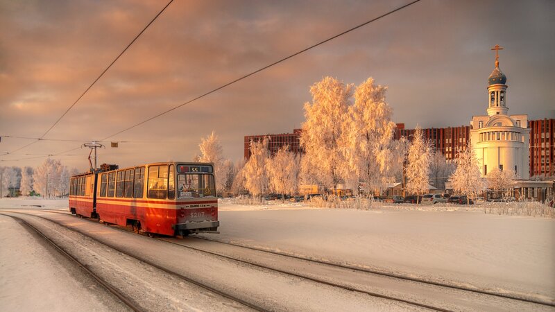 Red Tram in Snow — White, Serene, Winter
