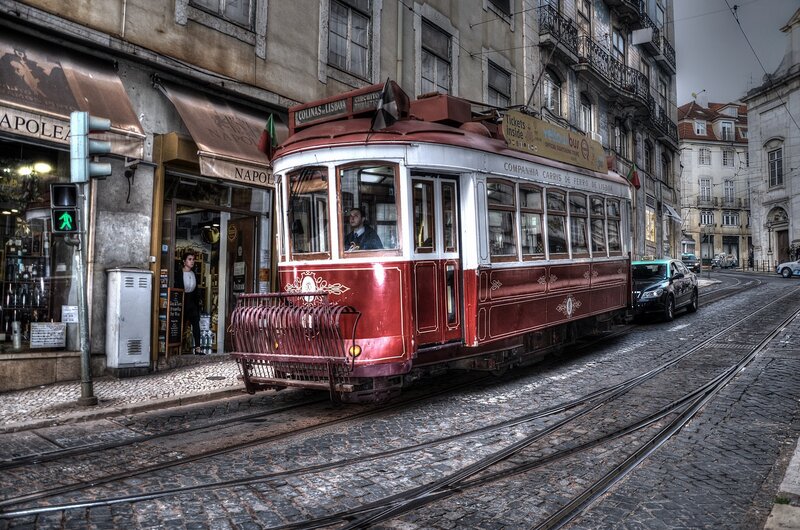 Red Tram on Cobblestones