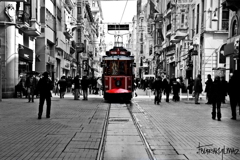 Red Tram on Street — Black, Busy