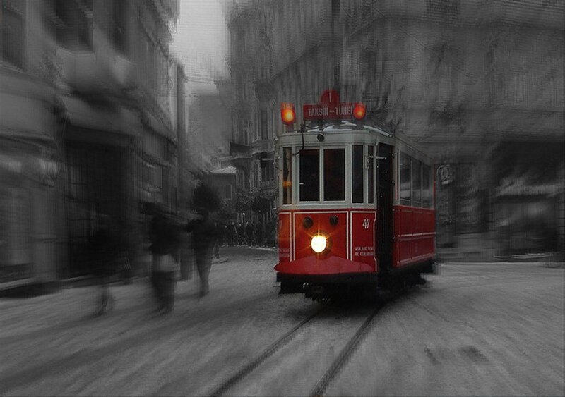 Red Tram on Street — Dramatic