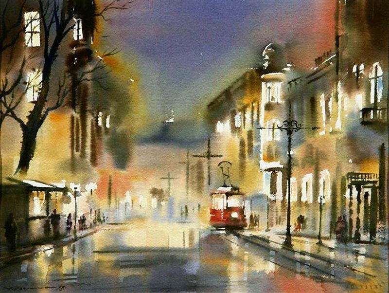 Red Tram on Wet Street
