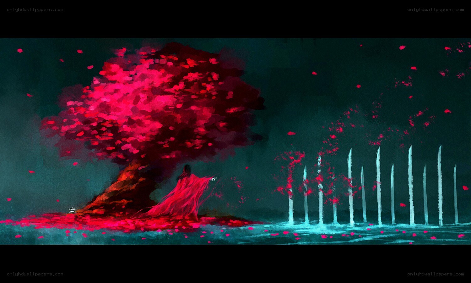Red tree and figure in dark landscape