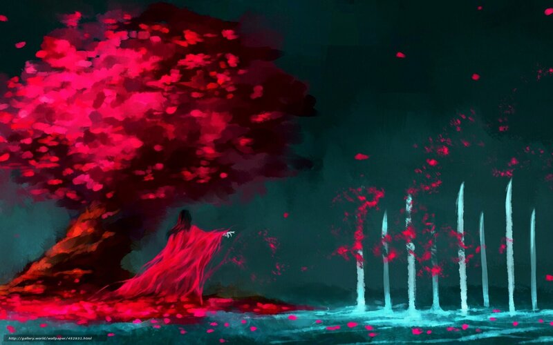 Red tree and figure