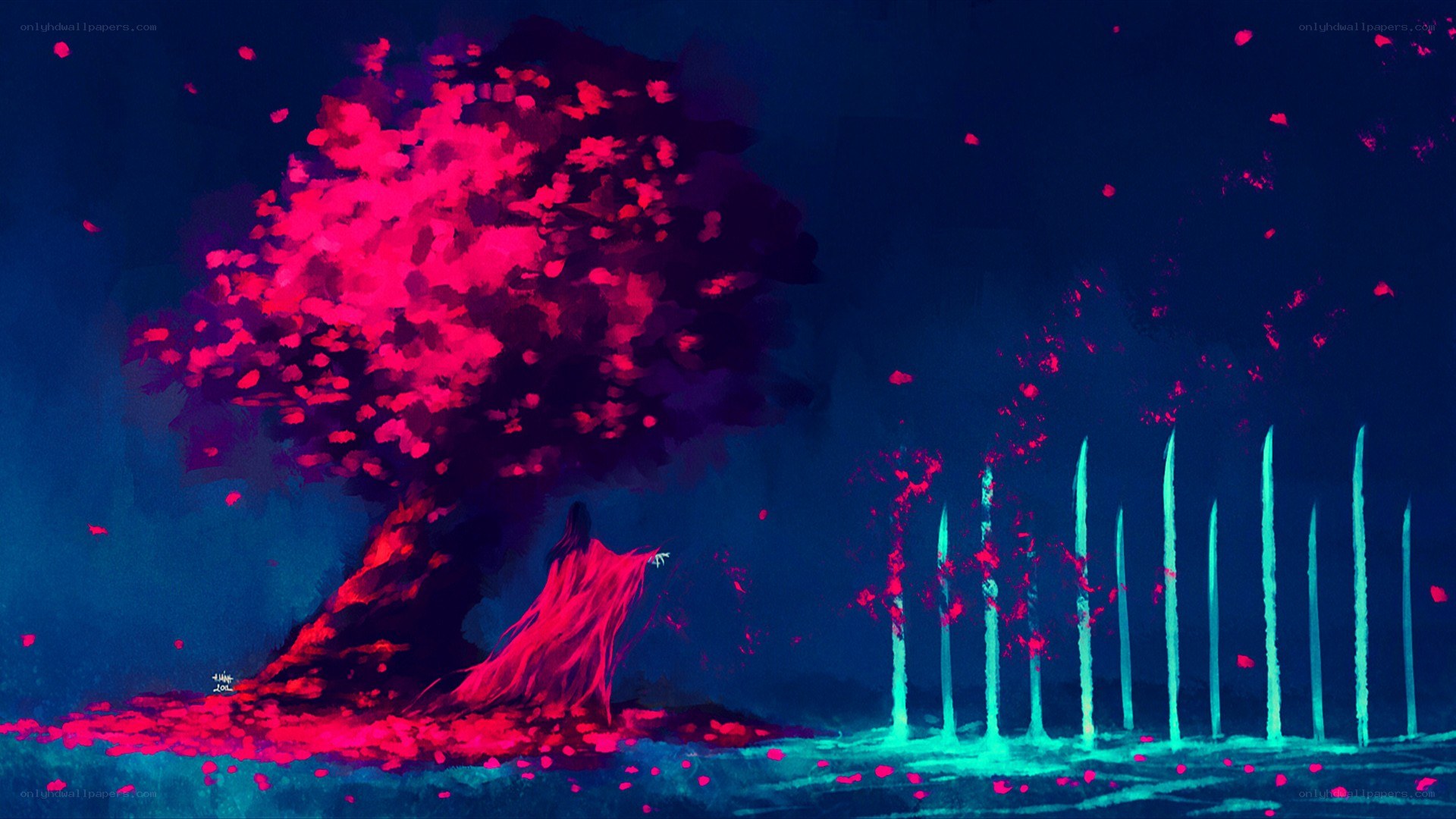 Red tree in a dreamlike landscape