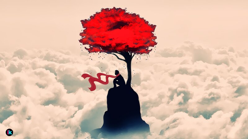 Red tree in the clouds