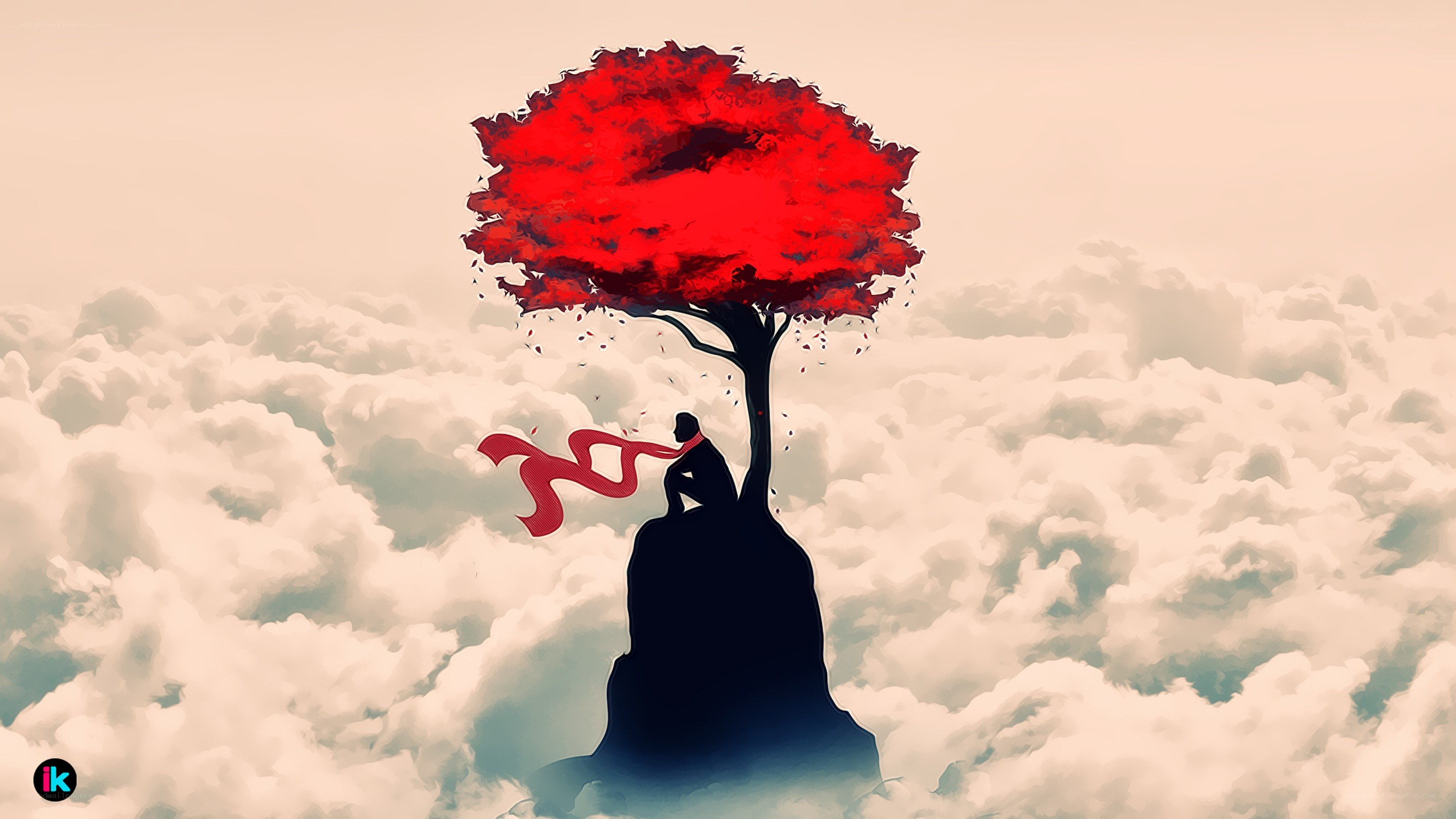 Red tree in the clouds