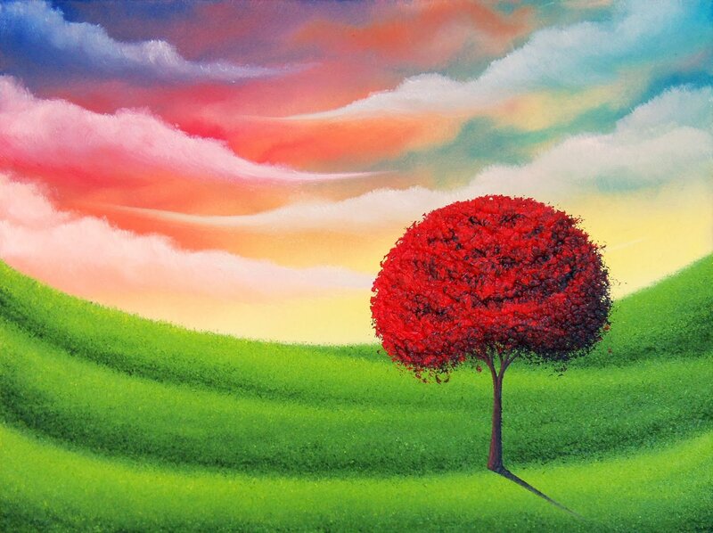 Red Tree on Green Hill — Serene, Sunset
