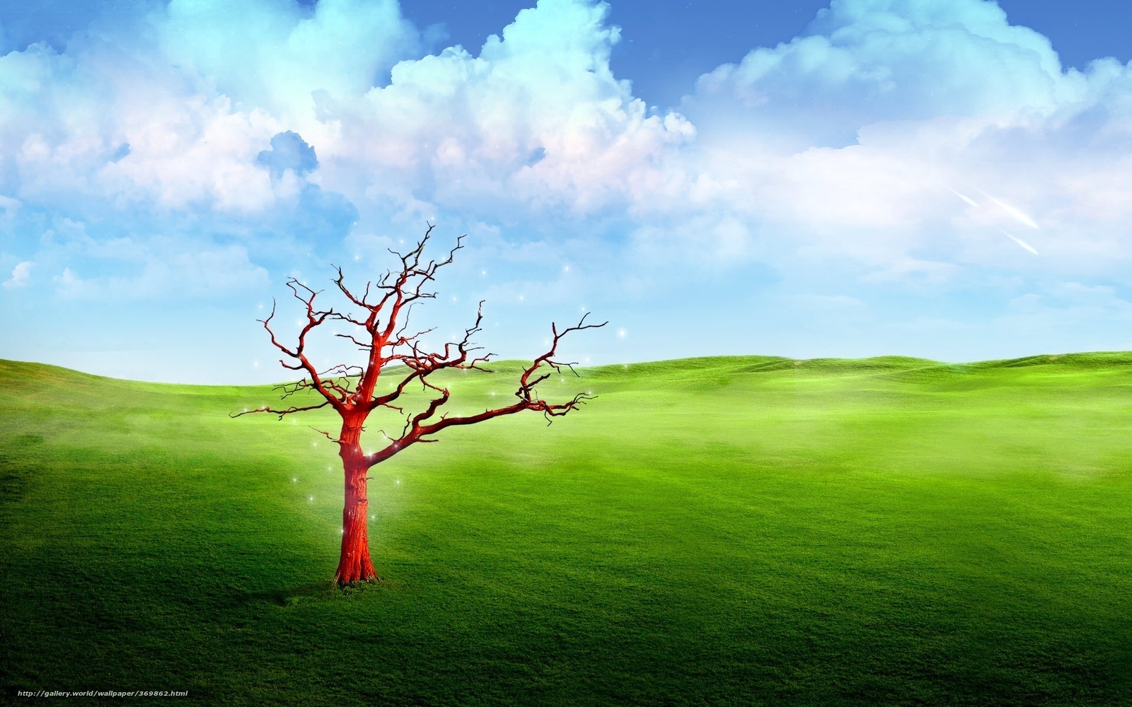 Red tree on green hill
