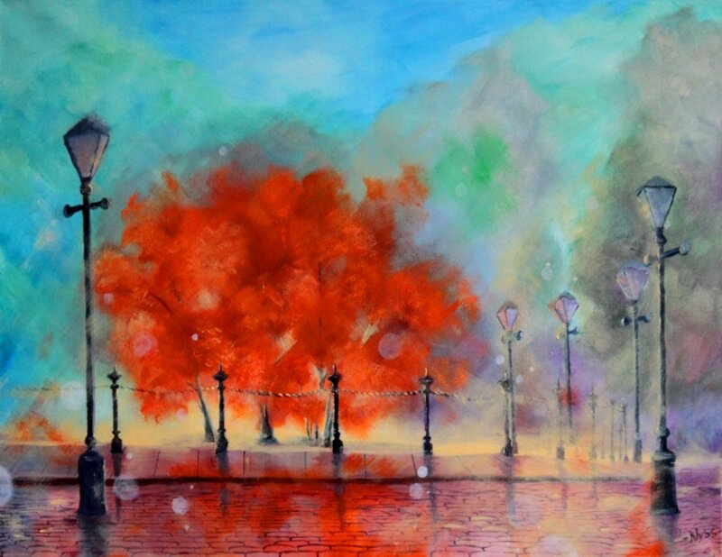 Red Tree on Wet Street