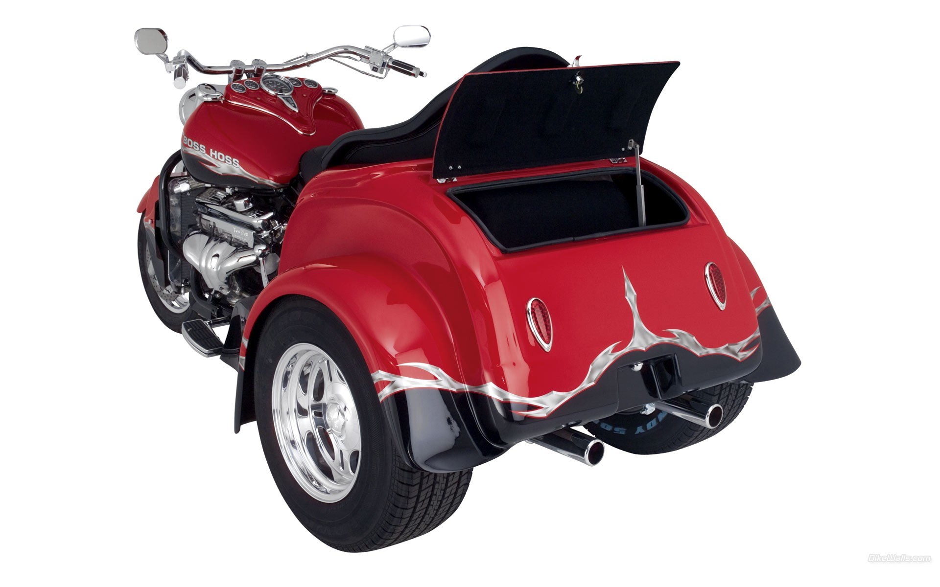 red trike motorcycle with sidecar