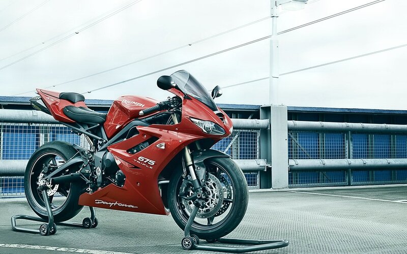 Red Triumph Motorcycle — Dramatic, Photograph