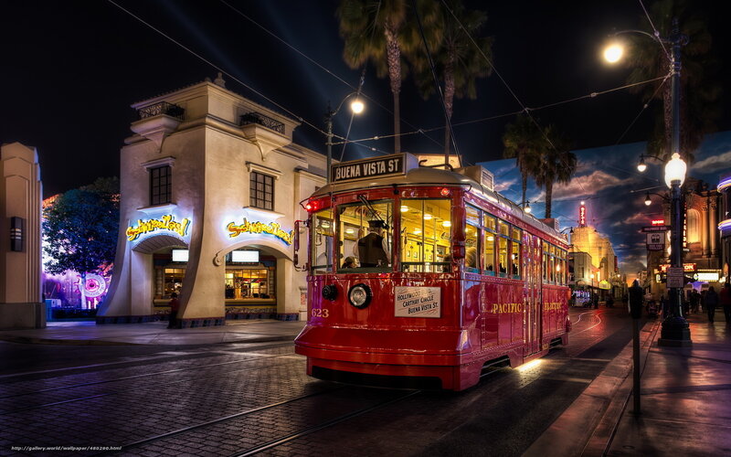 Red trolley at night in Hollywood