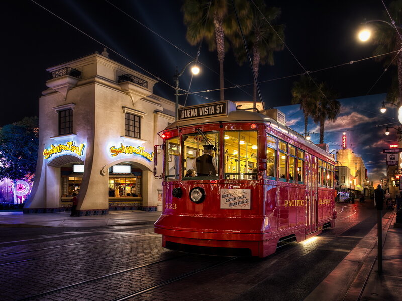 Red Trolley on Street — Nocturnal, Night