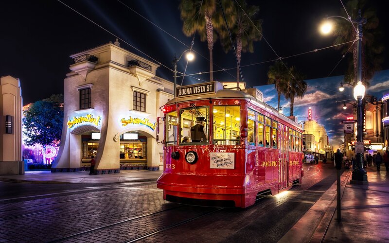 Red Trolley on Street — Nocturnal